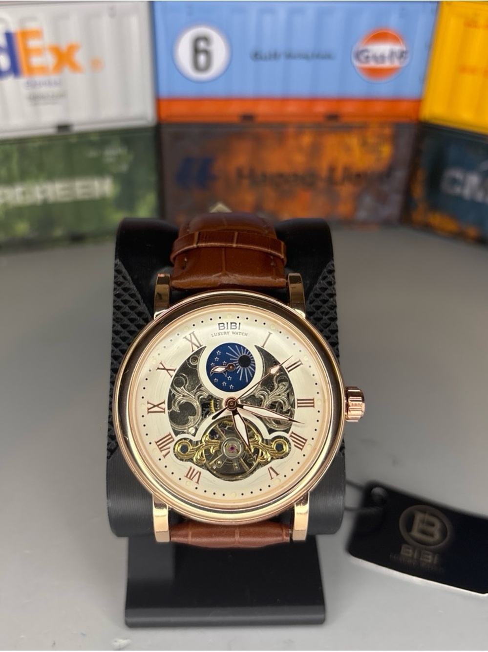 BiBi Rose Gold-Tone Automatic Skeleton Watch with Brown Leather Strap